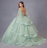 Juliet JT1466H Dress 3D Multi Floral Applique Cape Sleeve Quinceanera Gown