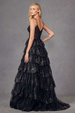 Juliet JT2454K Long Boned Bodice Tiered Layered Sequin Detail A-Line Gown
