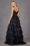 Juliet JT2454K Long Boned Bodice Tiered Layered Sequin Detail A-Line Gown