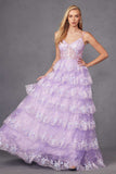 Juliet JT2454K Long Boned Bodice Tiered Layered Sequin Detail A-Line Gown