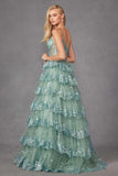 Juliet JT2454K Long Boned Bodice Tiered Layered Sequin Detail A-Line Gown