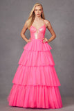 Juliet JT2457H Long Tiered Ruffled Tulle A-Line Sequin Bodice Dress