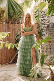 Juliet JT2458A Long Ruffle Tulle A-Line Ball Gown Bustier Bodice Thin Straps