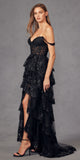 Juliet JT2463A Long Tiered Ruffled Skirt A-Line Boned Bodice Dress