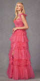 Juliet JT2465A Long Glitter Tulle A-Line Leg Slit Ribbon Bow Strap Gown