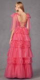 Juliet JT2465A Long Glitter Tulle A-Line Leg Slit Ribbon Bow Strap Gown