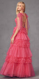 Juliet JT2465A Long Glitter Tulle A-Line Leg Slit Ribbon Bow Strap Gown