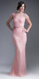 CLEARANCE - Cinderella Divine KC1736 Fitted Peach Long Lace Dress Cap Sleeved (Size 6)