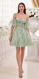 Ladivine KV1089 Short Floral Strapless A-Line Dress with Puff Sleeves