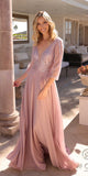 Nox Anabel MF101 Long V-Neck Embellished Bodice 3/4 Sleeve A-line Gown
