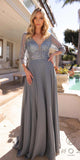 Nox Anabel MF101 Long V-Neck Embellished Bodice 3/4 Sleeve A-line Gown