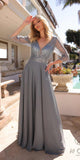 Nox Anabel MF101 Long V-Neck Embellished Bodice 3/4 Sleeve A-line Gown
