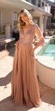 Nox Anabel MF102 Long Applique 3/4 Sleeve Pleated A-line Glitter Gown