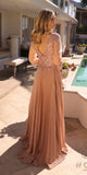 Nox Anabel MF102 Long Applique 3/4 Sleeve Pleated A-line Glitter Gown