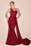 Ladivine PT004 Long Chic One Shoulder Stretch Satin Side Sash Gown