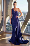 Ladivine PT004 Long Chic One Shoulder Stretch Satin Side Sash Gown
