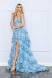 Nox Anabel R1299 Long Off the Shoulder Tiered Skirt A-Line Formal Gown