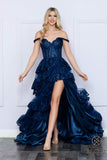Nox Anabel R1299 Long Off the Shoulder Tiered Skirt A-Line Formal Gown