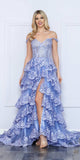Nox Anabel R1299 Long Off the Shoulder Tiered Skirt A-Line Formal Gown