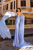Nox Anabel R1312 Long Chiffon Cape Sleeve Fitted Satin Formal Gown
