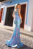 Nox Anabel R1402 Long Plunging V-Neck Fitted Sequin Print Gown