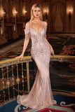 CLEARANCE - Ladivine SF209 Off The Shoulder Champagne/Gold Mermaid Gown (Size 8)