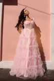 Nox Anabel T1340 Long Ruffled Skirt Boned Bustier Ribbon Strap A-Line Gown