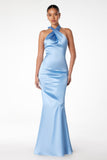 Astee T2005 Fitted Sleek Twisted Halter Top Satin Mermaid Gown