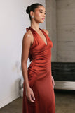 Astee T2005 Fitted Sleek Twisted Halter Top Satin Mermaid Gown