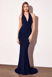 Astee T501 Long Halter V-Neckline Fitted Open Back Evening Gown