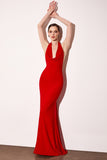 Astee T501 Long Halter V-Neckline Fitted Open Back Evening Gown