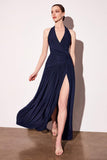 Astee T502 Halter Top V-Neckline Evening Gown with Leg Slit