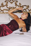 Amoris T609 Strapless Fitted Satin Gown Sequin Bodice Side Slit