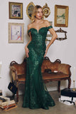 Amoris T613 Fitted Off the Shoulder Sequin Lace Sweep Train Gown