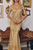 Amoris T613 Fitted Off the Shoulder Sequin Lace Sweep Train Gown