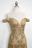 Amoris T613 Fitted Off the Shoulder Sequin Lace Sweep Train Gown