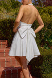 Amoris T710W Halter Top Short V-Neck Off White Glitter Dress