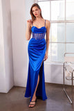 Ladivine Amoris T812 Long Fitted Sheer Bodice Cowl Neck Satin Prom Dress