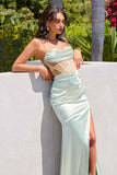 Ladivine Amoris T812 Long Fitted Sheer Bodice Cowl Neck Satin Prom Dress