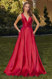 Amoris T814 Long V-Neckline A-Line Satin Dress with Pockets