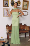 Amoris T825 Strapless Satin Bodice Pleated Chiffon Skirt Fitted Dress