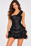 Sweet Andree U709 One-Shoulder Satin Rosette Ruched Short Party Dresses