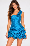 Sweet Andree U709 One-Shoulder Satin Rosette Ruched Short Party Dresses