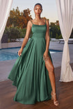 Ladivine B8402 Long Square Neck Pockets Satin A-Line Gown