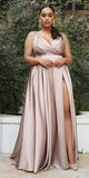 Cinderella Divine BD105 Flowy Satin A-Line Gown with Leg Slit