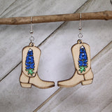 Bluebonnet Cowboy Boot Wooden Earrings | Texas Wildflower Jewelry