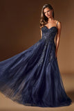Ladivine C177 Floral Lace Applique A-Line Glitter Tulle Gown