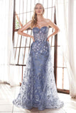 Ladivine CB046 Strapless Fitted Gown Floral Applique And Glitter Tulle Overskirt
