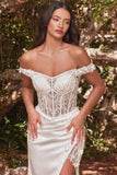Cinderella Divine CD0186W Long Floral Off the Shoulder Gown with Slit