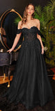 Cinderella Divine CD0198 Long Lace A-Line Gown with Off the Shoulder Sleeves